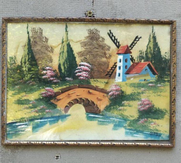 Régi hangulatos festmény ,Glatz jelzéssel patak malommal