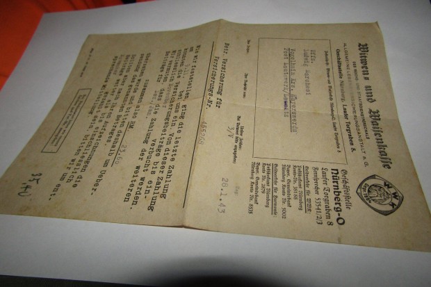 Régi harmadik birodalmi papír régiség Nürnberg 1943
