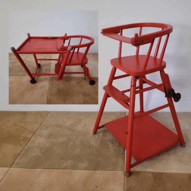 Régi retro variálható gyerek etetőszék gurulós asztal szék mid century