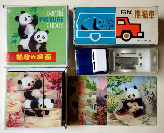 Régi vintage panda kocka kirakó puzzle retró kínai lemezautó teherautó