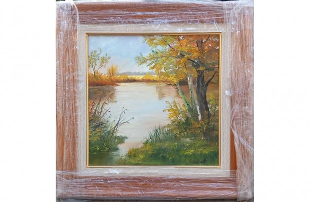 Reinhardt Istv�n: �szi v�zpart, olaj, farost, 30x30 cm