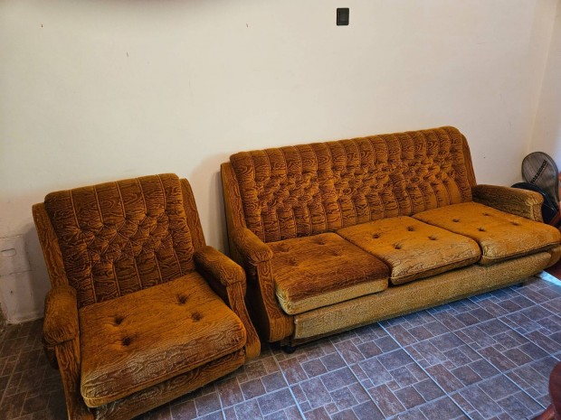Retro, óarany plüssbársony ülőgarnitúra
