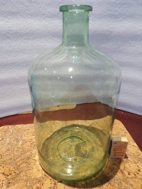 Retro antik zöldeskék hutaüveg fújt szakított 5L hibátlan pince dekorá
