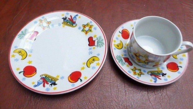 Retro karácsonyi porcelán gyerek tányér bögre