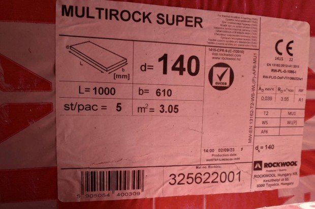 Rockwool Multirock Super kzetgyapot hszigetel lemez 14 cm