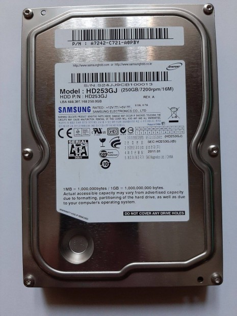 Samsung 250GB, SATA merevlemez, tesztelt100,100 (HD253GJ)
