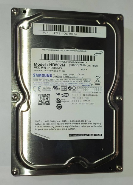 Samsung 500GB HDD merevlemez SATA 3.5" 100/100 #5403