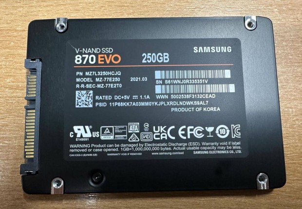 Samsung Evo 870 250GB-os SSD alig használtan. Postázom is!