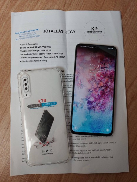 Samsung Galaxy A70 fggetlen, garancilis, ajndk htlappal elad: