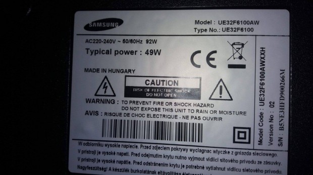 Samsung UE32F6100AW LED LCD tv hibs trtt UE32F6100 Tp elkelt!