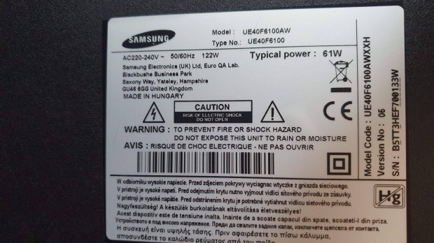 Samsung UE40F6100AW LED tv hibs trtt alkatrsznek UE40F6100