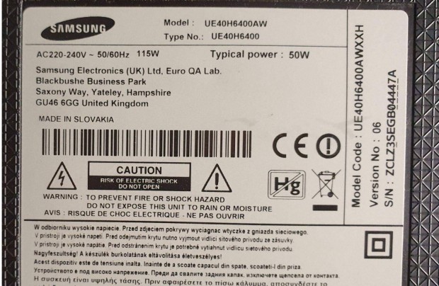 Samsung UE40H6400AW LED tv panelek alkatrsznek UE40H6400 tp elkelt !