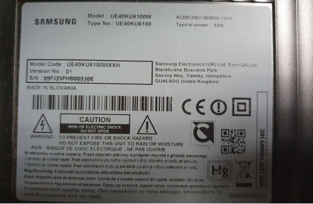 Samsung UE40KU6100 LED LCD tv Smart hibs trtt alkatrsznek