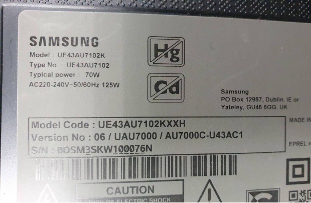 Samsung UE43AU7102K LED LCD tv hibs trtt alkatrsznek UE43AU7102