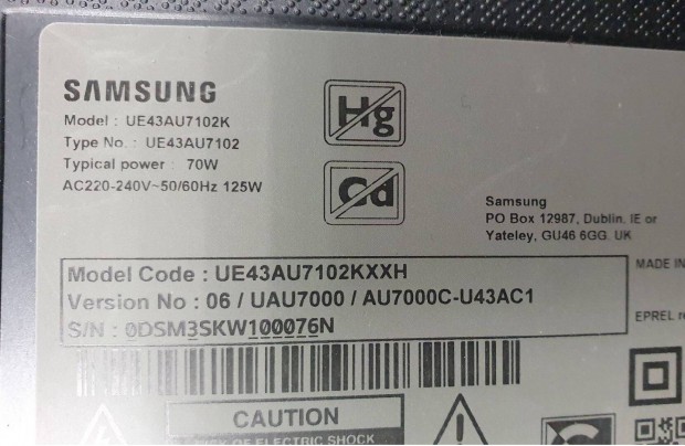 Samsung UE43AU7102K LED LCD tv hibs trtt alkatrsznek UE43AU7102