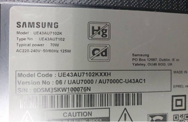 Samsung UE43AU7102K LED tv hibás törött alkatrésznek UE43AU7102