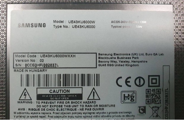 Samsung UE43KU6000W LED LCD tv hibs trtt alkatrsznek
