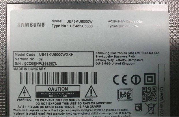 Samsung UE43KU6000W LED tv hibs trtt alkatrsznek main elkelt