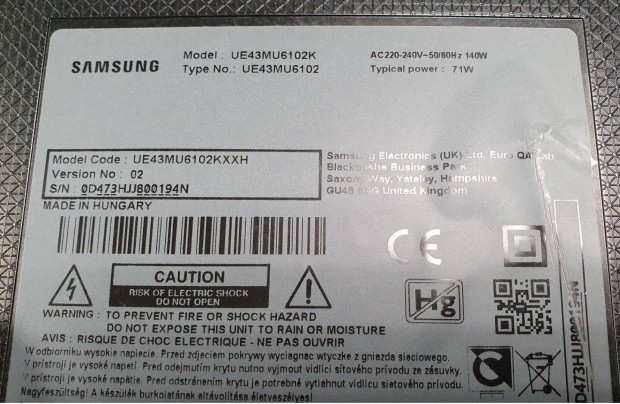 Samsung UE43MU6102 LED LCD hibs trtt UE43MU6102K mainboard elkelt!