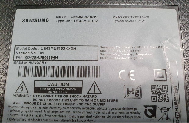 Samsung UE43MU6102 LED LCD hibs trtt UE43MU6102K mainboard elkelt!