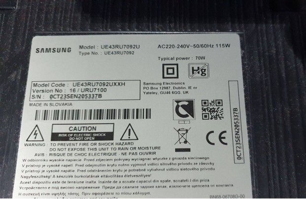 Samsung UE43RU7092U LED LCD 4K UHD tv trtt alkatrsznek UE43RU7092
