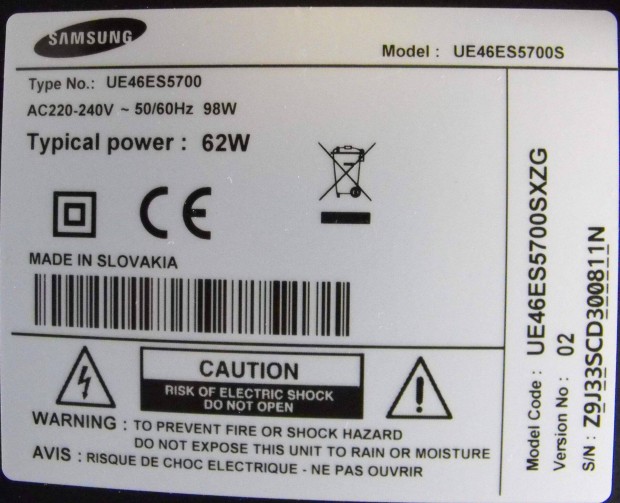 Samsung UE46Es5700Sxzg tpegysg: BN44-00502A