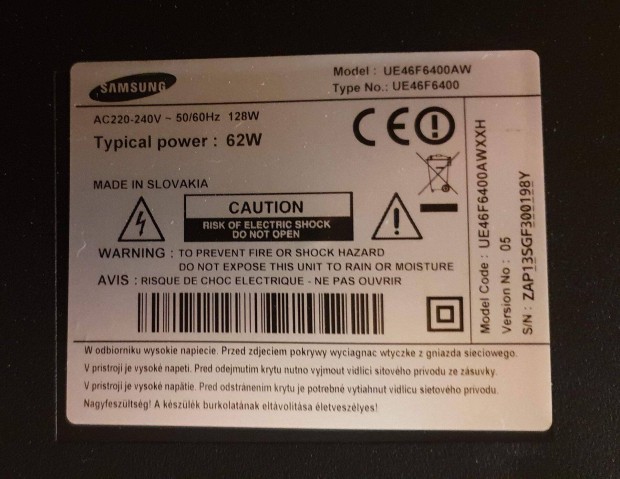 Samsung UE46F6400AW LED tv trtt UE46F6400 Tp,Tcon elkelt