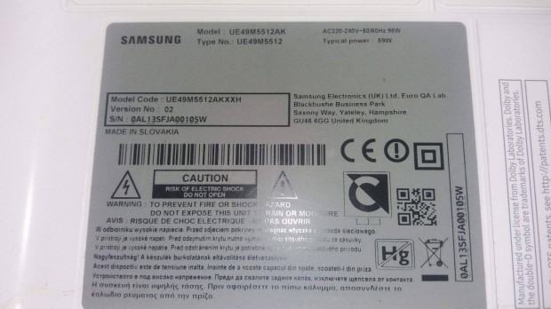 Samsung UE49M5512AK LED LCD tv hibás törött alkatrésznek Táp elkelt!