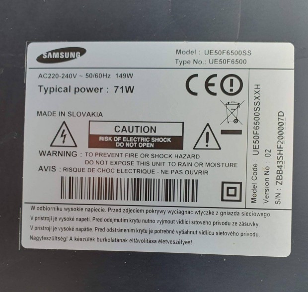 Samsung UE50F6500SS LED tv törött alkatrésznek UE50F6500 main elkelt