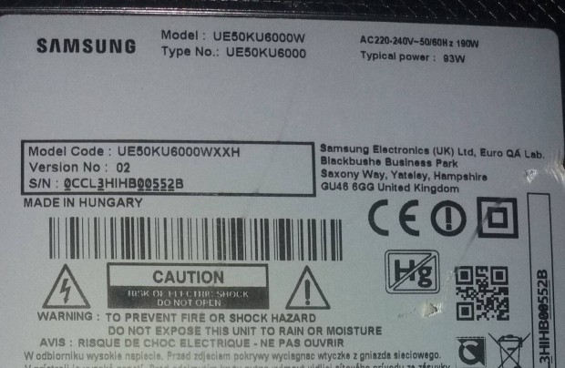 Samsung UE50KU6000 UHD 4K LED LCD tv hibás törött ,táp elkelt!