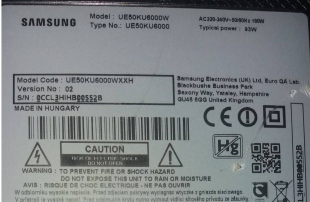 Samsung UE50KU6000 UHD 4K LED LCD tv hibs trtt alkatrsznek