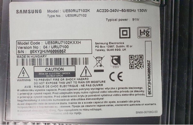 Samsung UE50RU7102K LED LCD tv hibs alkatrsznek main elkelt