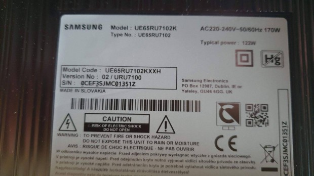 Samsung UE65RU7102K LED UHD tv hibs trtt alkatrsznek UE65RU7102