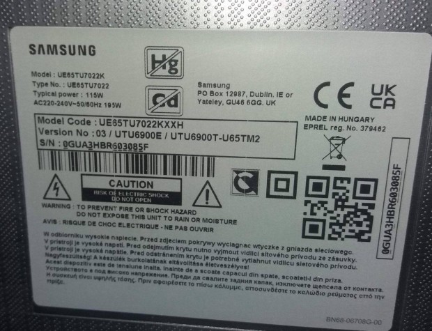Samsung UE65TU7022K LED LCD tv hibs trtt alkatrsznek UE65TU7022