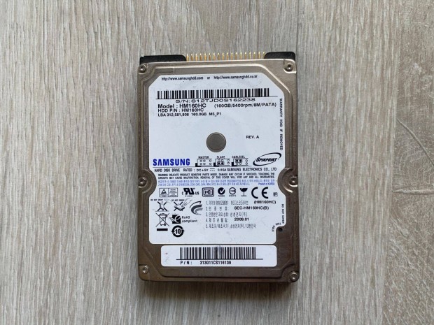 Samsung márkájú 160GB-os notebook hdd merevlemez winchester