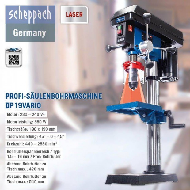 Scheppach DP 19 Vario oszlopos Fr llvnyos frgp Garancival!