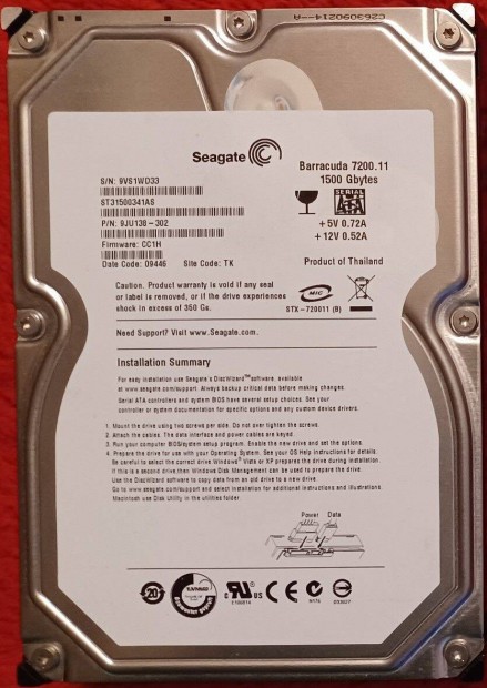 Seagate 1,5Tb hdd (vinchester) merevlemez