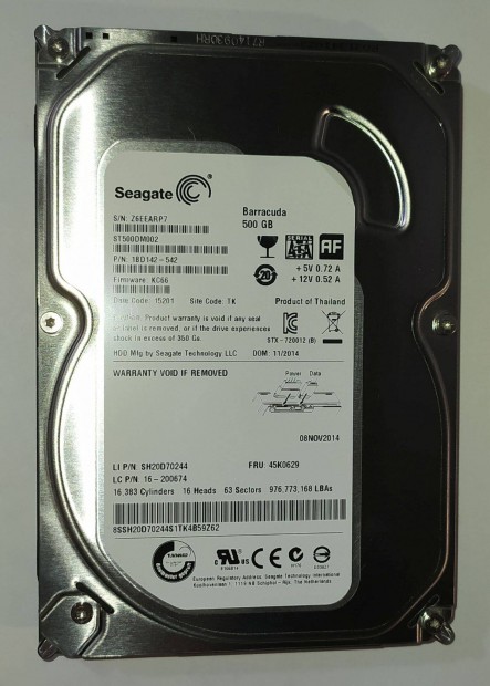 Seagate 500GB HDD merevlemez SATA 3.5" 100/100 #ARP7