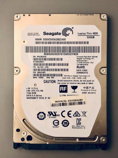 Seagate 500 GB 7200 rpm SATA 2.5 colos notebook HDD 100% llapot