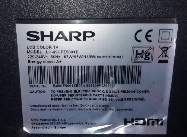Sharp LC-49CFE5001E LED tv panelek alkatrésznek 6870C-0532B