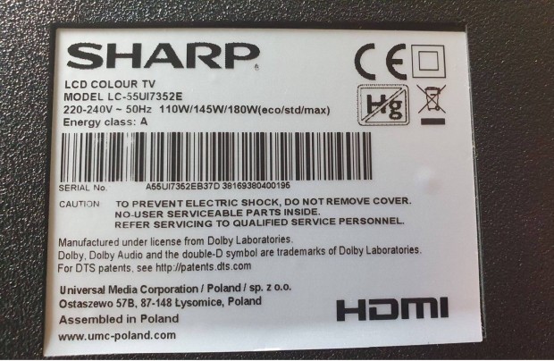 Sharp LC-55UI7352E UHD LED tv hibs trtt alkatrsznek