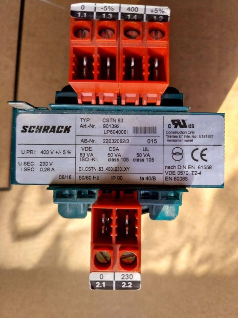 Shrack 400/230Vac 63VA 0,28A vezérlőtrafó trafó transzformátor