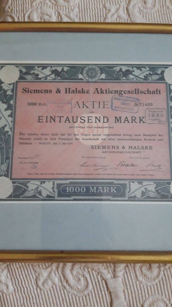 Siemens&Halske rszvny 1897. 1000 mrka keretben elad