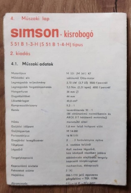 Simson S51 mszaki lap 1982