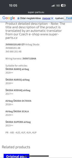 Skoda kormány légzsák