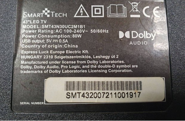 Smarttech 43"Smar LED LCD tv hibs trtt alkatrsznek SMT43N30UC2M1B1