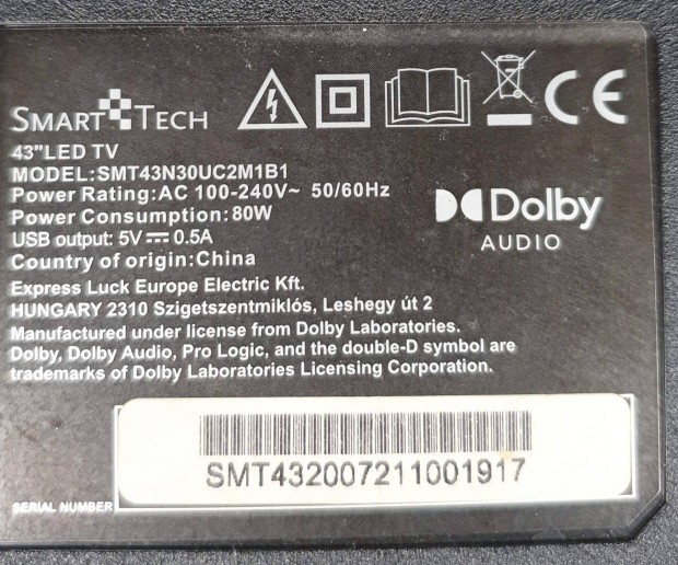 Smarttech 43" SMT43N30UC2M1B1 LED tv hibás törött alkatrésznek Smart