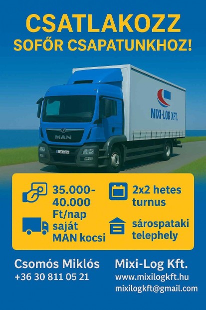 Sofőr állás nemzetközi viszonylatra C kategória (12 tonnás)