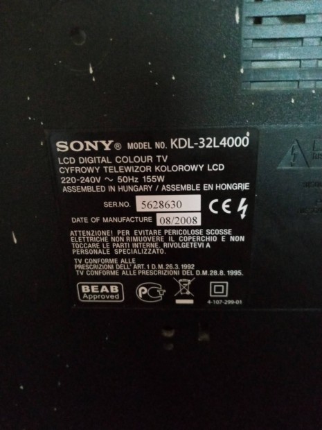 Sony Bravia LCD tv trtt kijelz alkatrsznek