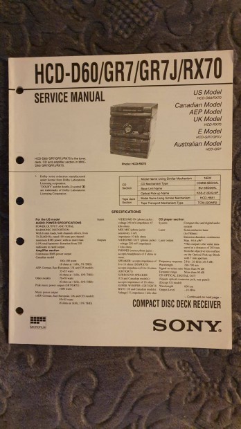 Sony Hcd-D60 Hcd-GR7 Hcd-RX70 eredeti Service manual szerviz gpknyv